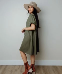 Tres Bien Lorem Babydoll Dress In Olive Apparel