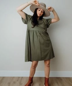 Tres Bien Lorem Babydoll Dress In Olive Apparel