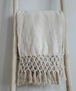 Creative Co-op Crochet & Fringe Cream Throw